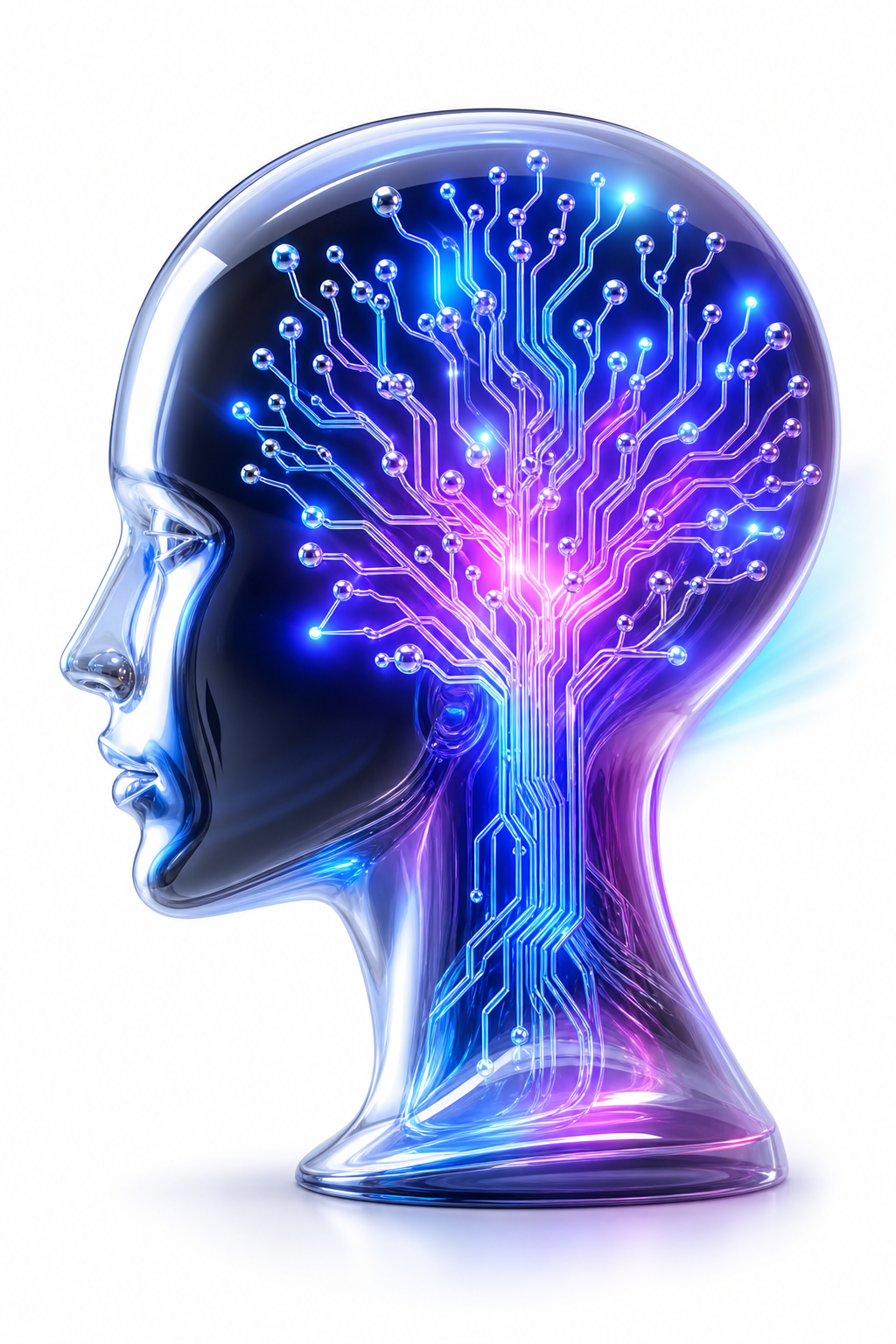 3D illustration of a human head with a glowing circuit network — the KAALAMITHRA AI mark