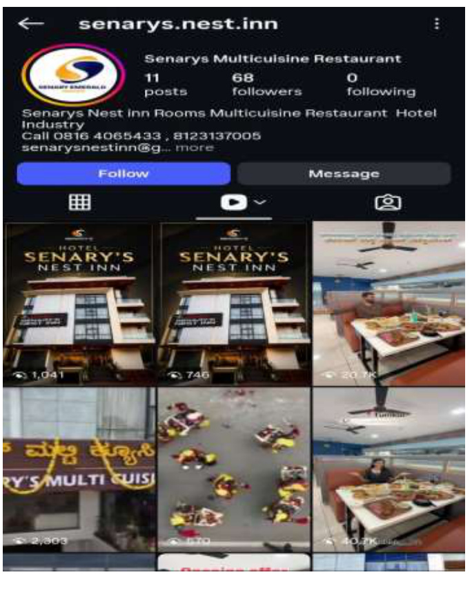 Senary's Nest Inn Instagram profile with launch reels and videos